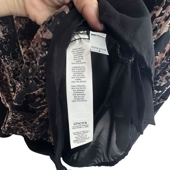 Chicos Womens Black Velour Embossed Animal Print Blouse Size 3 US XL Chiffon - Picture 5 of 8